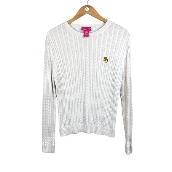 Lady Vesi Baylor BU Embroidered Silk Cotton Blend Long Sleeve Cable Knit Sweater - Picture 5 of 12